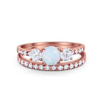 Three Stone Two Piece Bridal Round Rose Tone, Lab Created White Opal Wedding Ring 925 Sterling Silver